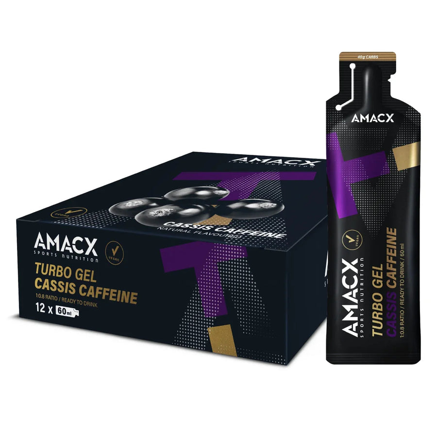 Geles Energéticos Amacx Turbo Gel Grosella Negra Cafeína Caja 12uds Lila